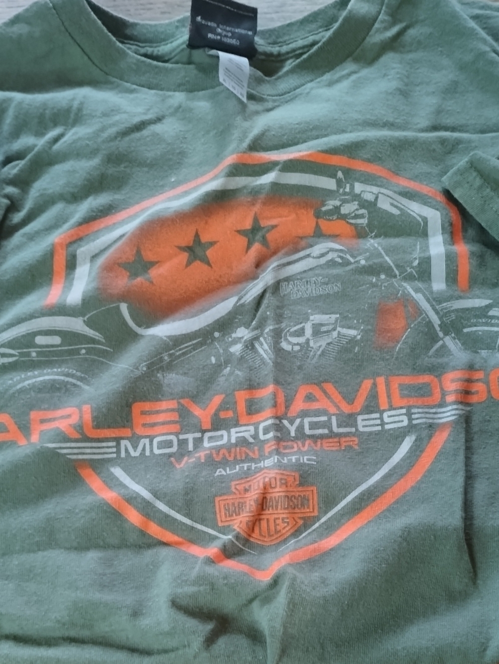 Harley-Davidson Green Tee with Orange and White Graphic